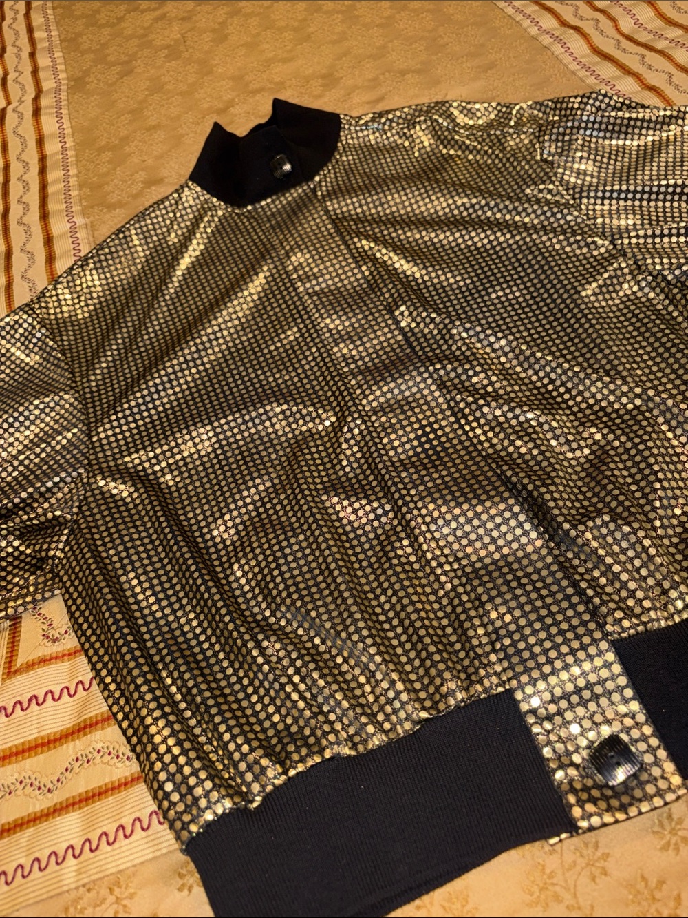 Susan Graver Glitzy Gold Top, Black Trim, Hidden Front Buttons, Polyester, Small
